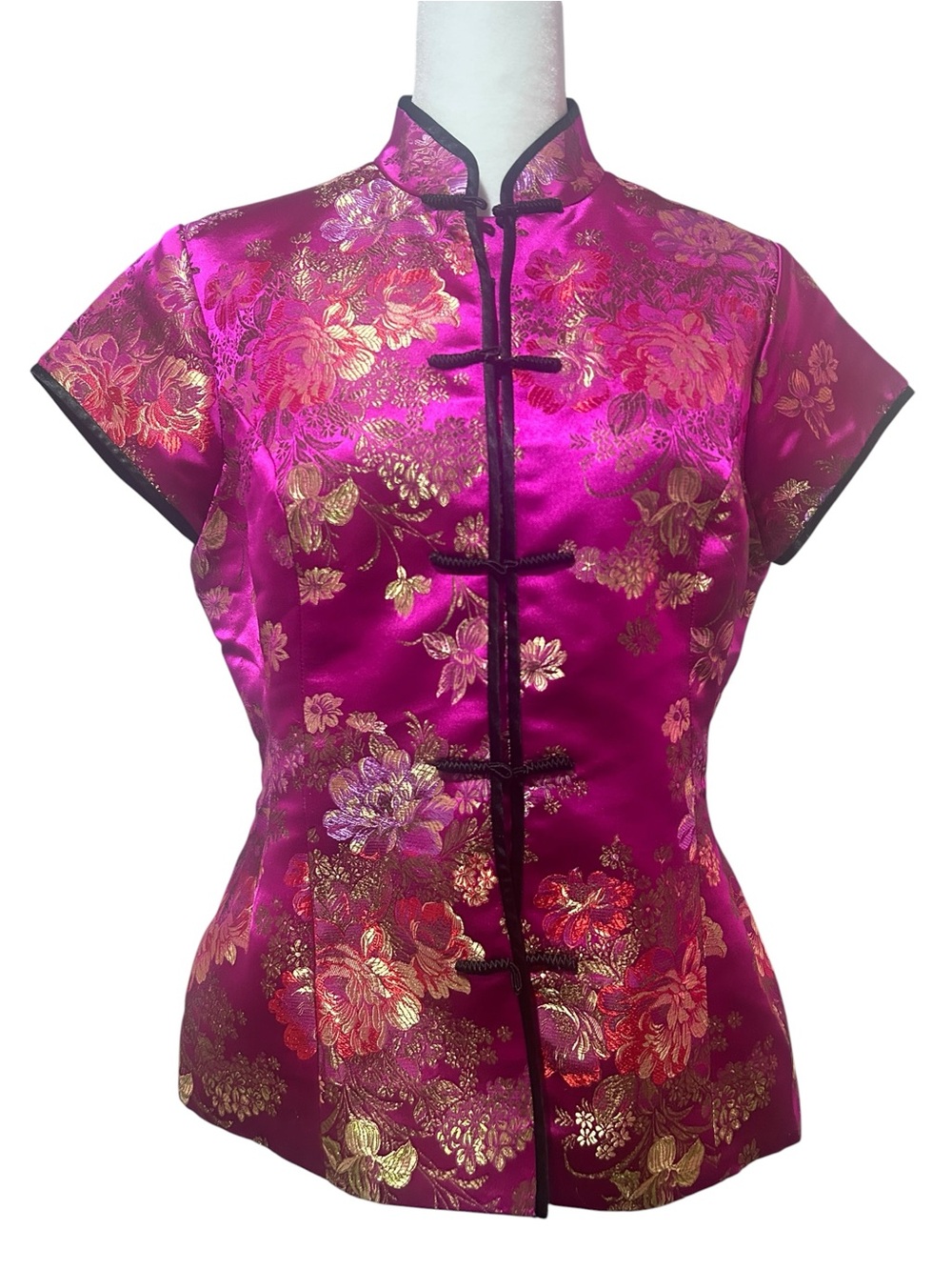 Vintage Robbie bee Fushia floral Chinese Brocade Jacket Top Asian style Blouse